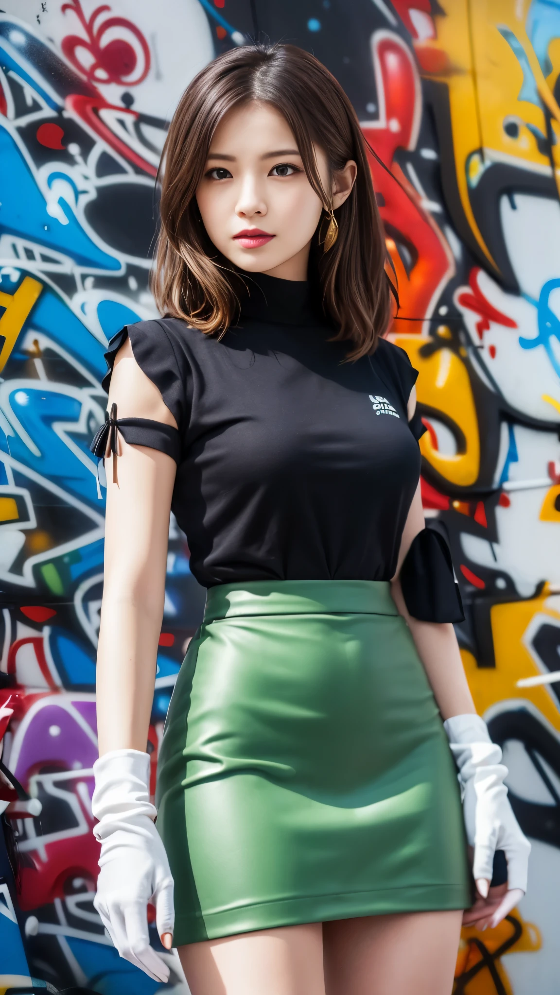 前hair, brown_hair, length_hair, red eyes,lipstick,compensate,
break black gloves, gloves, skirt, dress, green dress, Short sleeve, puffy sleeves, Juliet Sleeves, short skirt, green skirt,Murrue Ramius、超ミニ skirt、ミニ skirt、すごく短いミニ skirt、
break (Graffiti:1.5), splash purple lightning pattern showing the viewer from the front, Arms behind back, Against the wall, View the viewer from the front, ,
break outdoors,
break (masterpiece:1.2), top quality , high definition , unity 8k 壁紙, ( illustrations:0.8), ( beautiful detailed eyes:1.6), extremely detailed face, perfect lighting, very detailed CG, (perfect hand, perfect anatomy),