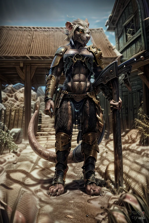 solo,anthro, rat, rodent, skaven, fluffy, safe, rat tail, hairy, warhammer fantasy, vermintide, front view, black body:1.3,masterpiece,highly detailed,8k resolution,solo,ultra detailed perfect piece,masterpiece,extremely detailed CG 8k,very fine 8K CG,best quality,absurdres,zoomed out view,full body view, full length portrait,((anthro)), 8k, 4k, 2k, detailed, intricate, (female), ((solo)), ((detailed fur)),Perfect Anatomy

Detailed background,a bright but desert likd wasteland in a battle field, in control of other skaven,zoomed out full body view,must be bright colors to see

Character a very tall Skaven female giantess standing at over 12ft tall being a towering figure being taller then a house,D cups,thick thighs,feminine massively over-muscled phyique with abs,muscular arms,muscular legs,short white hair in a bob cut,thick messy fur on the body,dark black fur only,golden yellow eyes,one one long pink rat tail,a pink nose on her snout,sharp fanged teeth on the muzzle,hands and feet being pink and rat like paws like with long and sharp claws for, she is smiling and confidently

She wears nothing but a space marine’s armor but with no helmet or gloves or boots,the armor is scavanged up and themed to fit for a skaven as a scavanges and forced to fit for a top and bottoms, the armor has an energy shield powered by the green glow of warpstone, the armor is black with the main color,red with the secondary color, with gold and silber timmongs

She has a Modified Storm Bolter in her left hand, a powerful flamethrower, and in her right hand lightning-infused blue steel axe with a blue lighting glow to it,with her armor having a green glowing rocks in it due to warpstones being embeded into the chest, stomach and shoulder armor areas

Must have black fur,as in jet black color for a pure black coat of fur,but not white fur with Space Marine themed armor

by personalami, by zephyxus, by darkgem, by null-ghost, skaven, MFBP1, Warhammer 40K