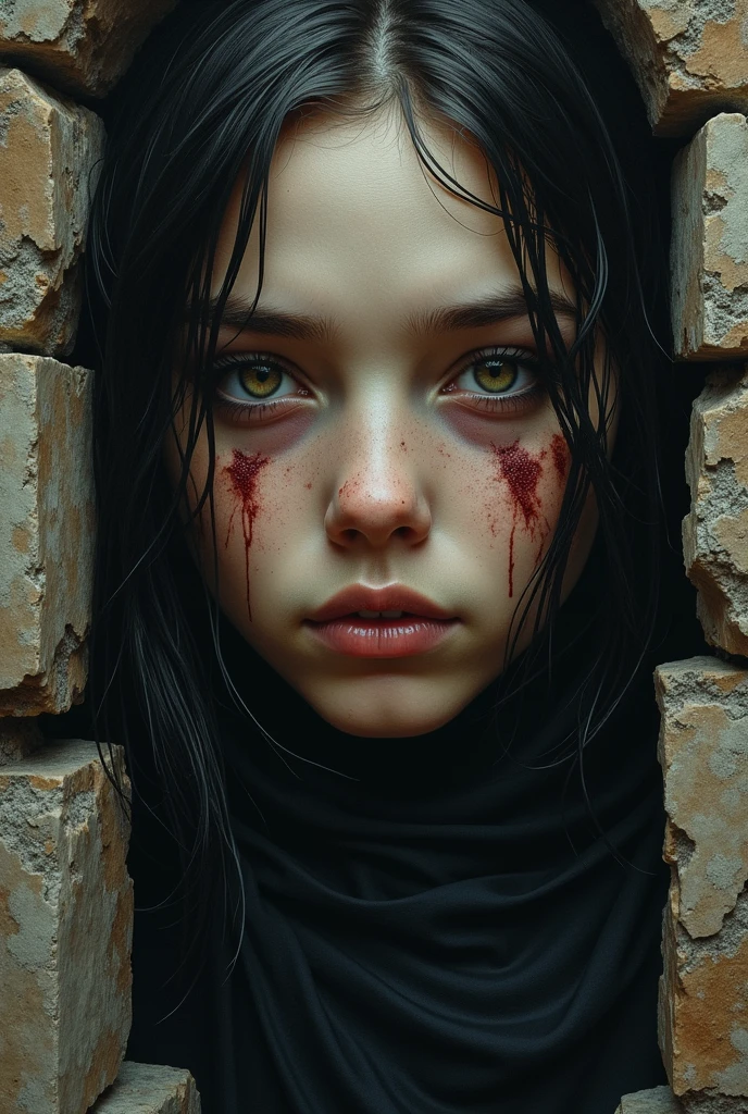 Girl with a bloody bandage on her eye. she is crying, tears. Middle Ages