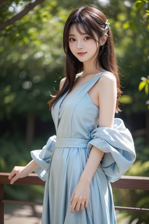  wearing a blue dress with a long skirt,   Japanese idol 、Full dress,  fantasy dress,  Elegant and Attractive Cosplay , Japanese model wearing fantasy style formal attire ,  black shimecut hairstyle,  looking at camera、Detailed and beautiful eyes、 cute smile、 soft and gentle expression 、The background is a deep forest