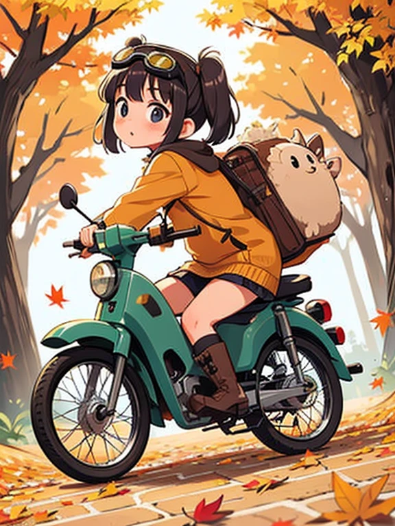 32K，UHD high resolution ，   octane rendering ，    steampunk，( Ultra-fine: 1.2)，   young girl， Ride a Super Cub   ，  knight ，cute， Very small build    ，   thin thighs   ，     small yellow super cub ，   short dress like a kimono ，   down jacket  ，  half length twin tails with lots of luggage   ，   black hair，goggles，   black boots，Super Cub Details，autumn，autumn leaves，     medium shot from behind     ,