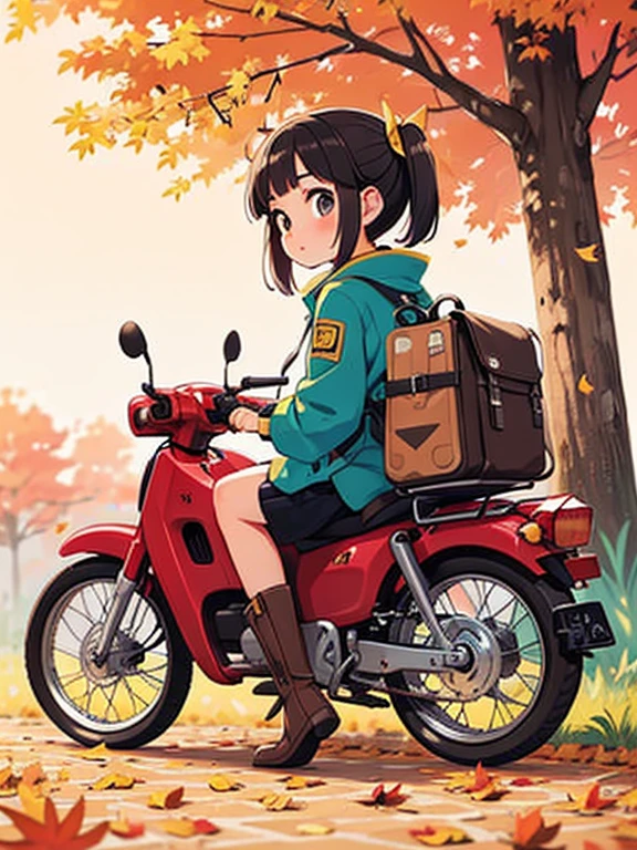 32K，UHD high resolution ，   octane rendering ，    steampunk，( Ultra-fine: 1.2)，   young girl， Ride a Super Cub   ，  knight ，cute， Very small build    ，   thin thighs   ，     small yellow super cub ，   short dress like a kimono ，   down jacket  ，  half length twin tails with lots of luggage   ，   black hair，goggles，   black boots，Super Cub Details，autumn，autumn leaves，     medium shot from behind     ,