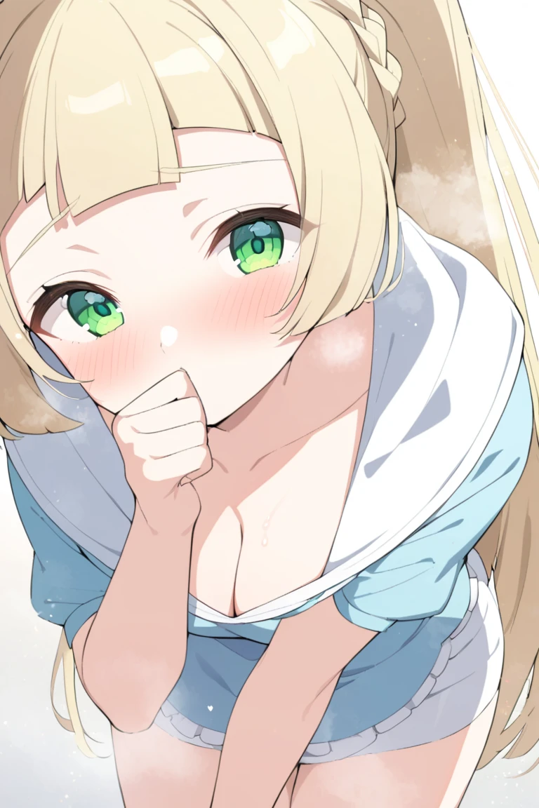 nsfw,,1 person,Sweat,White Breath,solo,,Pokémon,Lillie,Breast enlargement,(Cleavage voyeur),On all fours,Bed,View from above,Naughty expression,