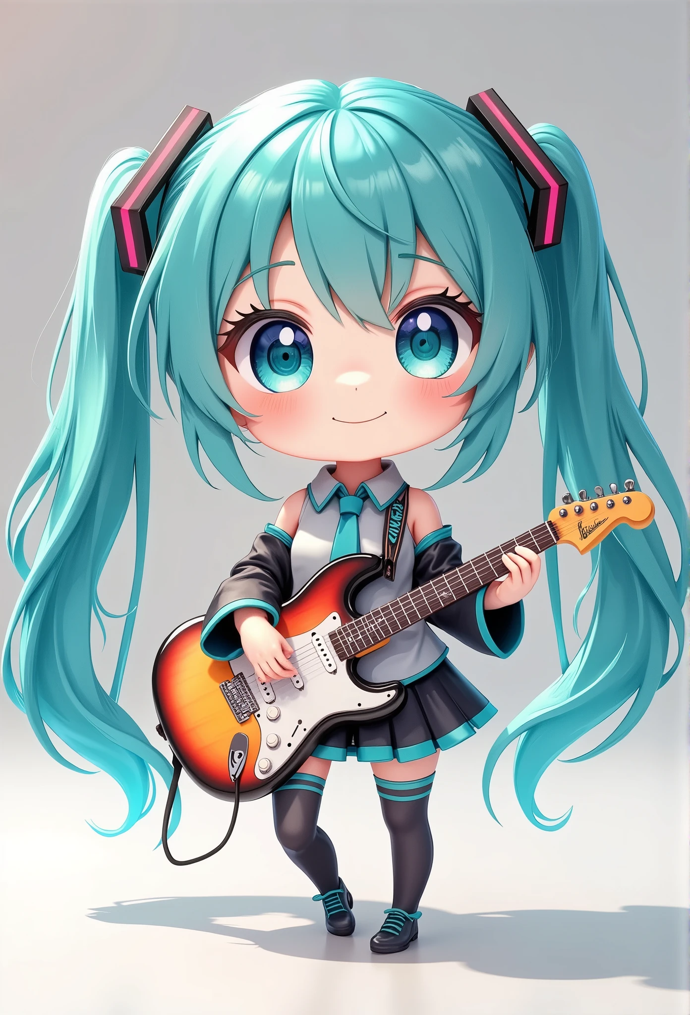 Very cute and beautiful chibi anime girl,hatsune miku,chibi,full body,esbian、Standing、very detailed face and eyes、Clear contours、solo、Playing electric guitar, (recbooth)