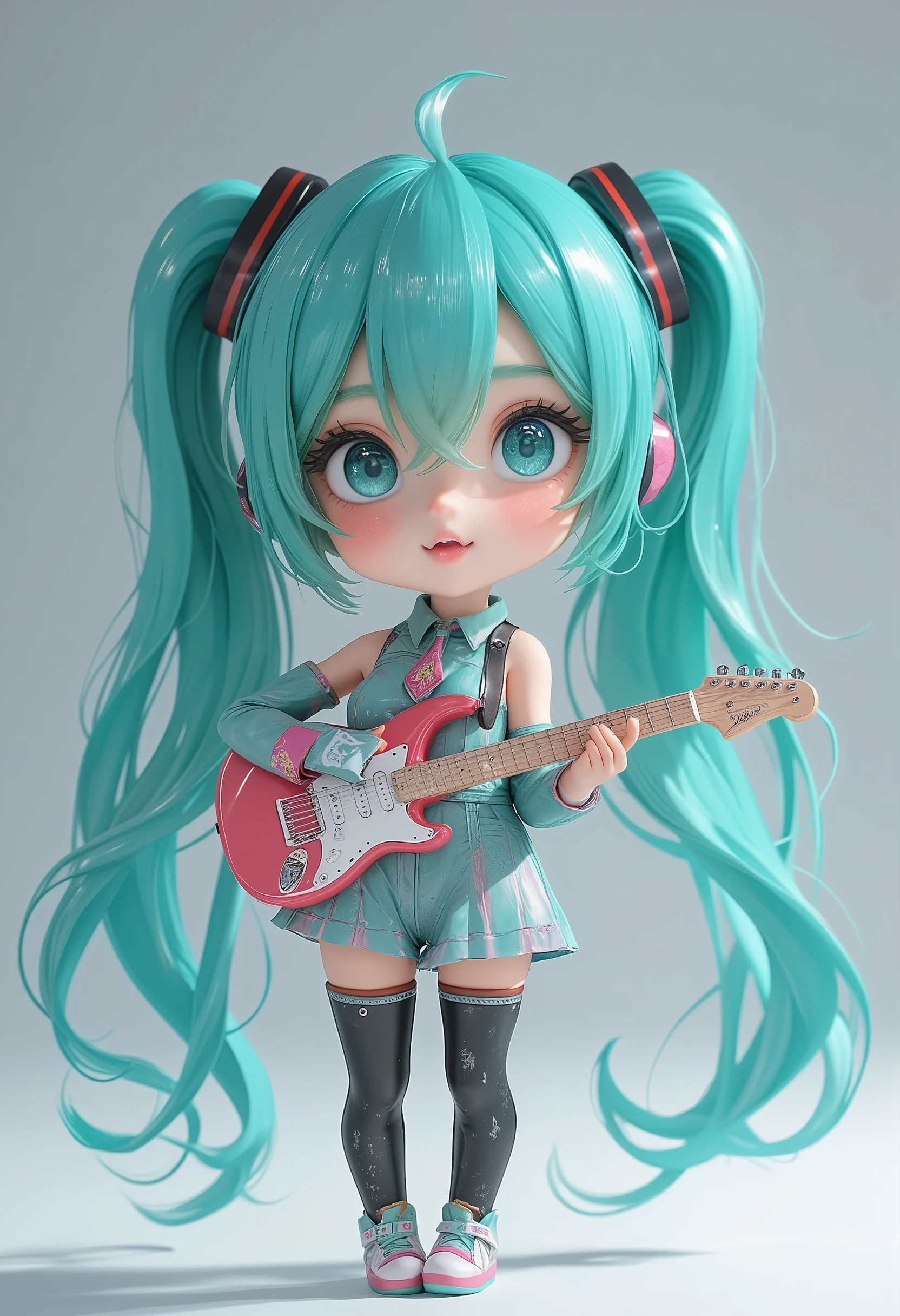 Very cute and beautiful chibi anime girl,hatsune miku,chibi,full body,esbian、Standing、very detailed face and eyes、Clear contours、solo、Playing electric guitar, (recbooth)