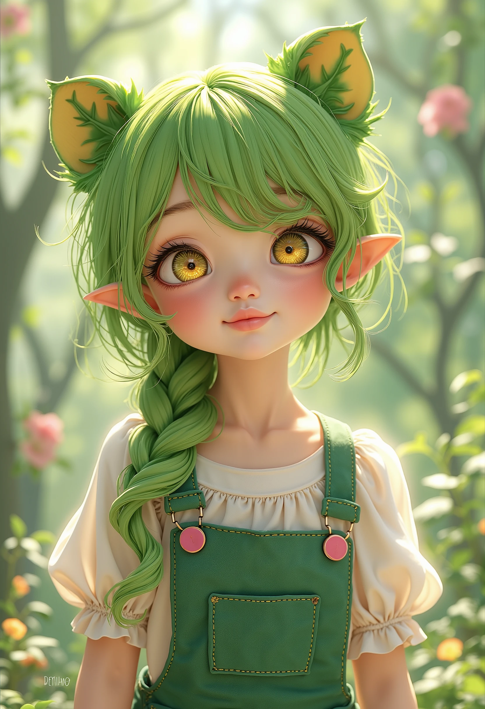 masterpiece, best quality, ultra-detailed illustration of a young girl with vibrant green hair styled in playful waves, her hair includes two leaf-like ears and a long, curled vine-like tail, she is dressed in a light, airy white blouse with puffed sleeves, and green overalls featuring large pink buttons, her expression is lively and full of energy, her golden eyes gleam with a mischievous joy as she gazes towards the viewer, the background is softly blurred, giving focus to her joyful expression and unique plant-like features, the soft lighting and shading bring out the intricate details of her hair, outfit, and the playful pose, creating a warm and inviting illustration that highlights her whimsical design.