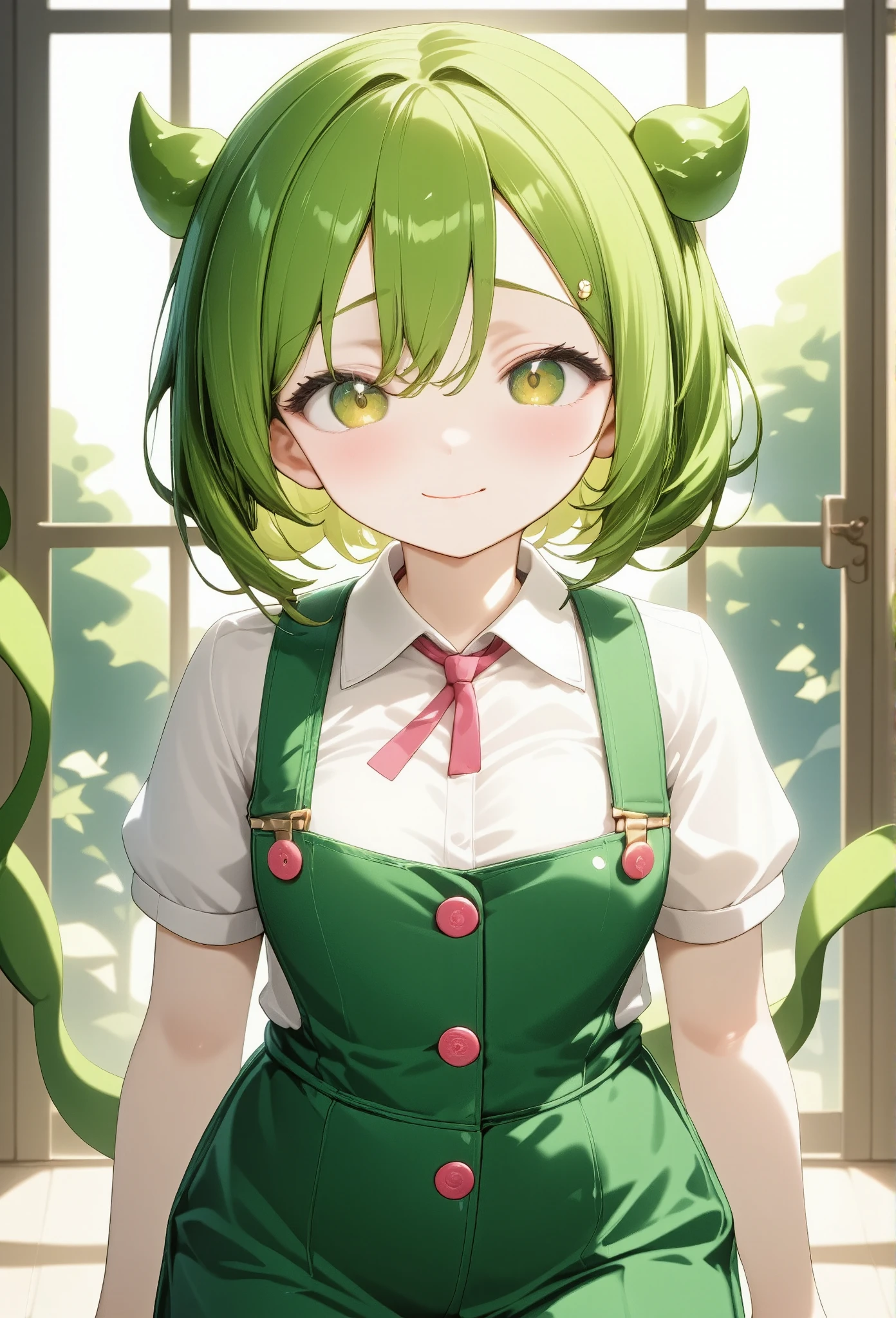 masterpiece, best quality, ultra-detailed,photo realism illustration,young girl with vibrant green hair styled in playful waves, her hair includes two leaf-like ears and a long, curled vine-like tail, she is dressed in a light, airy white blouse with puffed sleeves, and green overalls featuring large pink buttons, her expression is lively and full of energy, her golden eyes gleam with a mischievous joy as she gazes towards the viewer, the background is softly blurred, giving focus to her joyful expression and unique plant-like features, the soft lighting and shading bring out the intricate details of her hair, outfit, and the playful pose, creating a warm and inviting illustration that highlights her whimsical design.