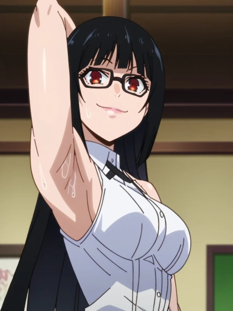 score_9, score_8_up, score_7_up, source_anime, anime screencap, 1girl, solo, jabami yumeko, long hair, red eyes, black hair, bangs, glasses, bare shoulders, bare arms, arm behind head, armpit, looking at viewer, head towards viewer, smile, badhandv4, indoors, closed mouth, white shirt, sleeveless,from side, from below, sweaty armpits