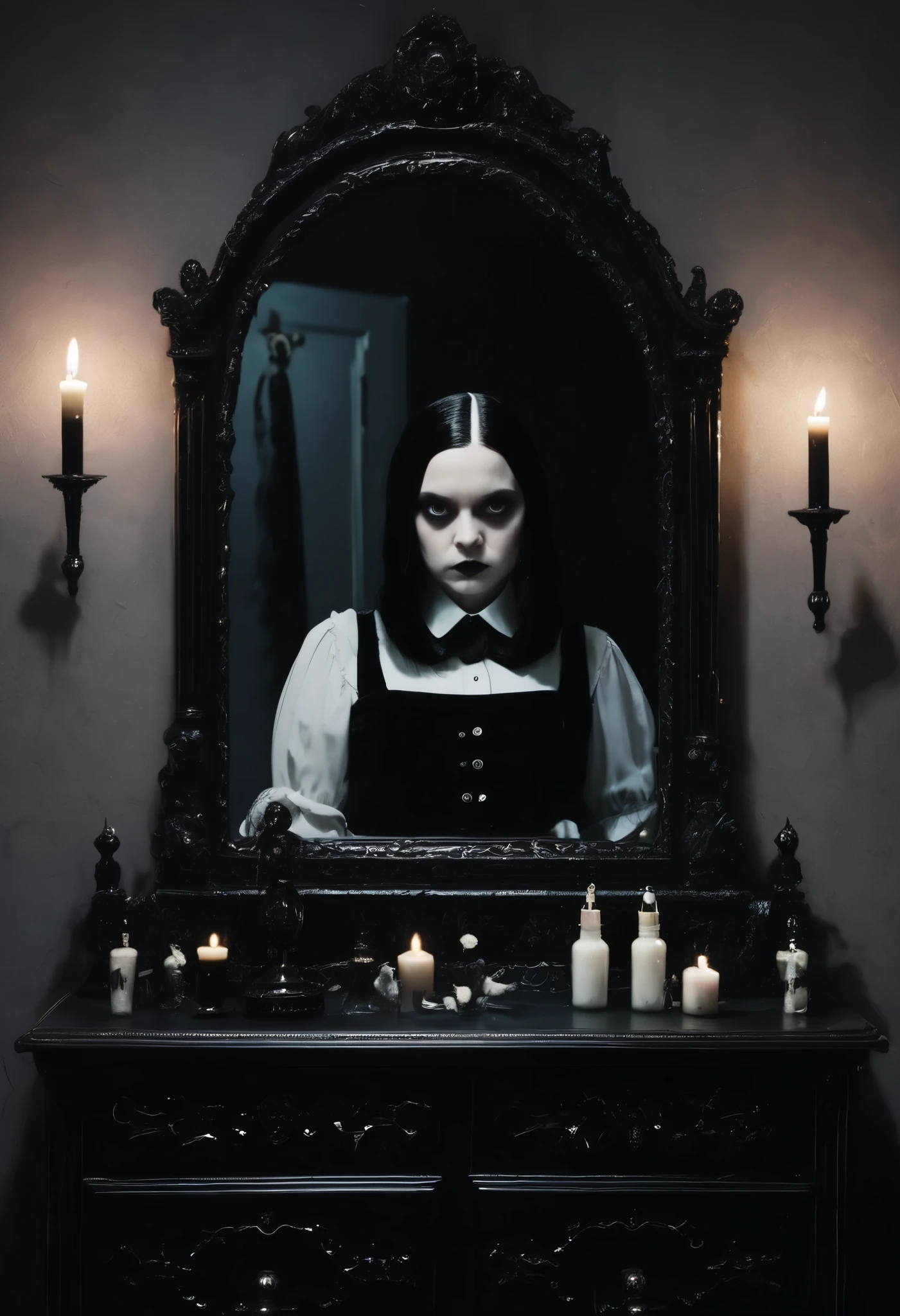 A pale and goth Wednesday Addams looking at her self in her mirror, in her spooky and dark bedroom