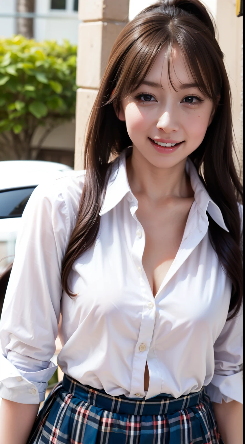 (High school girl:1.3),  long hair,  ponytail, Laughter, ((Feminine charm, Pervert girl)), (Cleavage between breasts:0.7), (Uniform of white shirt and check mini skirt), Full body photo,