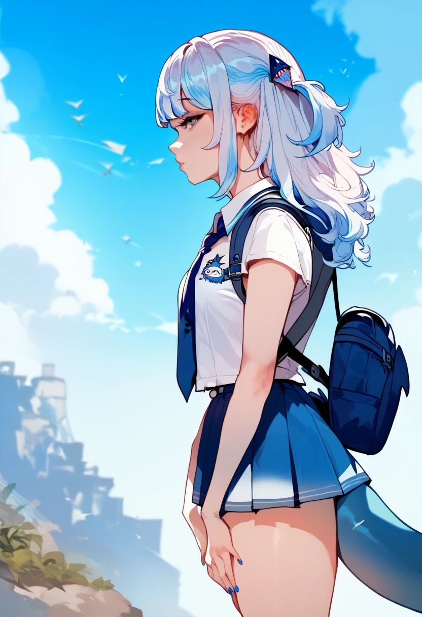 gawr_gura, blue skirt, shark hair ornament. necktie, nude, shark tail, blue nails, backpack, sky-blue backpack, light blue backpack, side view, backpack focus, floox style