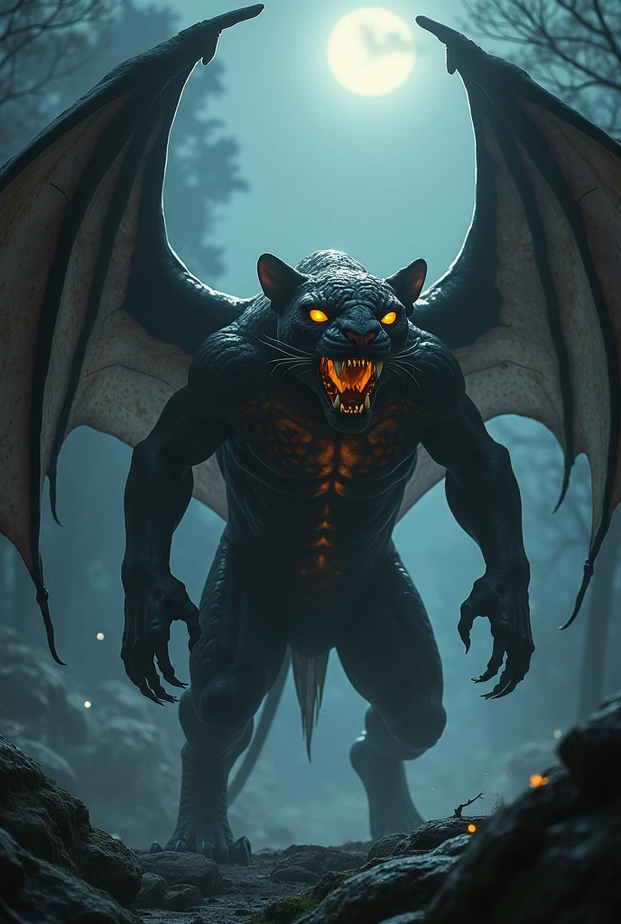 Gigantic, dangerous and horrific cross between a dragon,a lion and a bull with a scary background 
