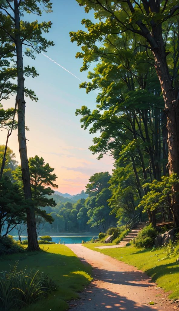 A realistic, detailed painting of a stone pathway leading to a serene lake at dusk, with a red and black dramatic sky and lush greenery on the shore ,the light lighting until stone"anime style lofi