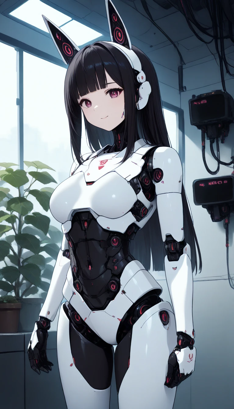 masterpiece, best quality, extremely detailed, (8K, 4K, Best Quality, hight resolution, 超A high resolution:1.1), ,8k portrait, Japaese android Girl,Plump , dark black leg cover,announcer,control panels,android,Droid,Mechanical Hand, Robot arms and legs, Black Robot Parts,Black long hair,Mechanical body,Blunt bangs,perfect mechanical abdomen,White robotics parts,perfect robot woman,future laboratory,cyber pank,charging spot,laboratory,long tube,thick cable connected her neck,white ceramic body ,perfect mechanical body, white robot body,lod antenna,mechanical ear cover,android,robot humanoid,black sponge joints,The removable cover is in the groin,The connection port is in the groin,opened chest panel,access panel on the chest,opened breast panel,perfect mechanical breast,perfect black machine body,perfect black android body,She has repaired,assembly plant,dark black tights,dark black leggings,smile,pussy,no human skin,visor