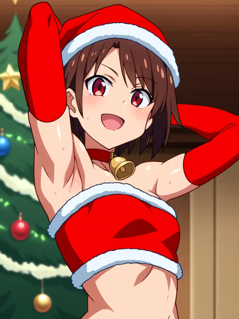 score_9, score_8_up, score_7_up, source_anime, anime screencap, 1girl, solo, BREAK, asuka kazama, short hair, red eyes, brown hair, bangs, Santa costume, Santa hat, red tube top, red elbow gloves, long gloves, red collar with a bell, bare shoulders, BREAK, arm behind head, armpit, looking at viewer, head towards viewer, smile, indoors, opened mouth, midriff, from side, from below, Christmas tree, sweaty armpits