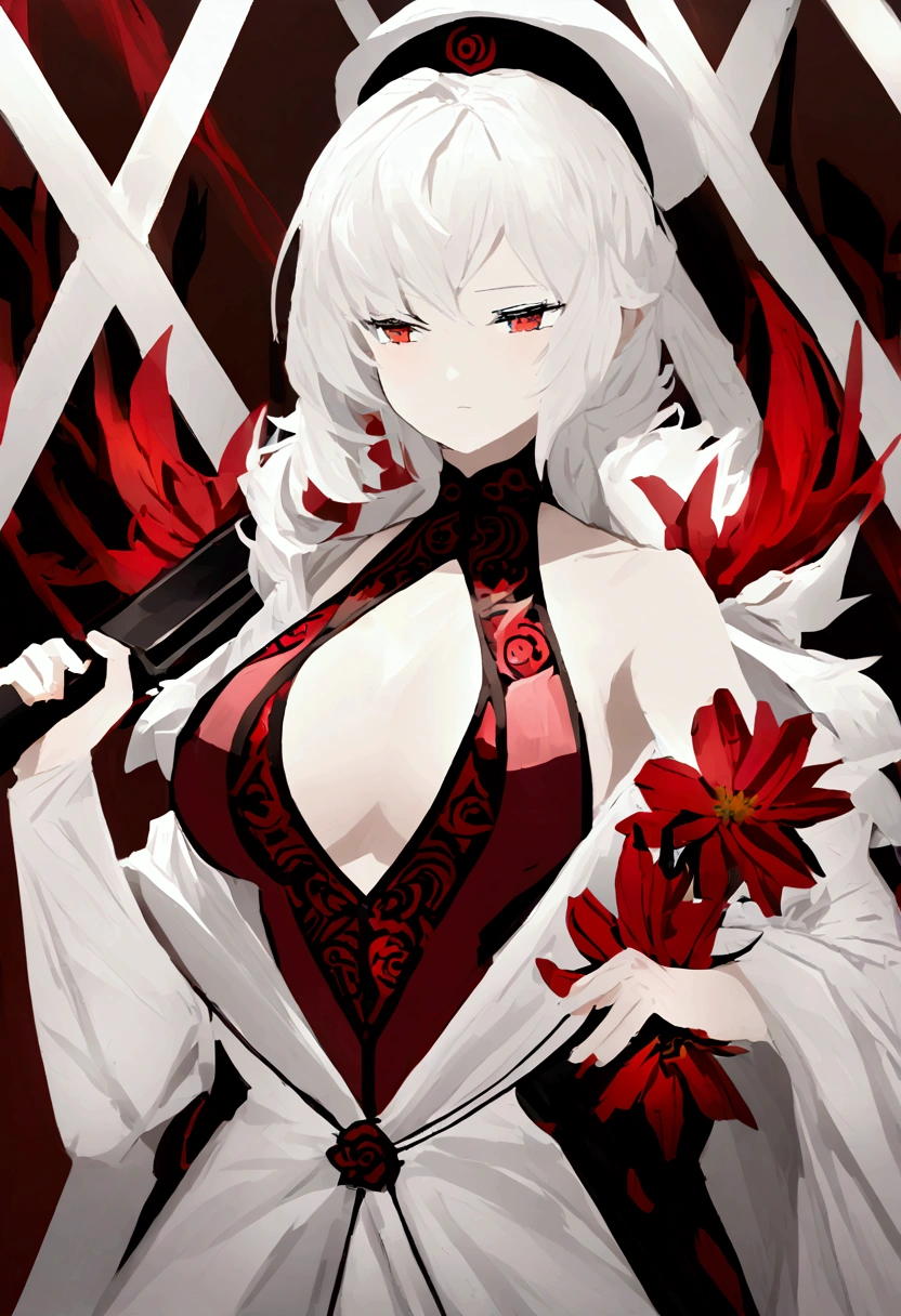 Long white hair with red tips, big chest, wearing a white outfit, open shoulders, a white military hat with red stripes, holding a white shotgun, dark red eyes, big chest. Wearing red floral underwear 