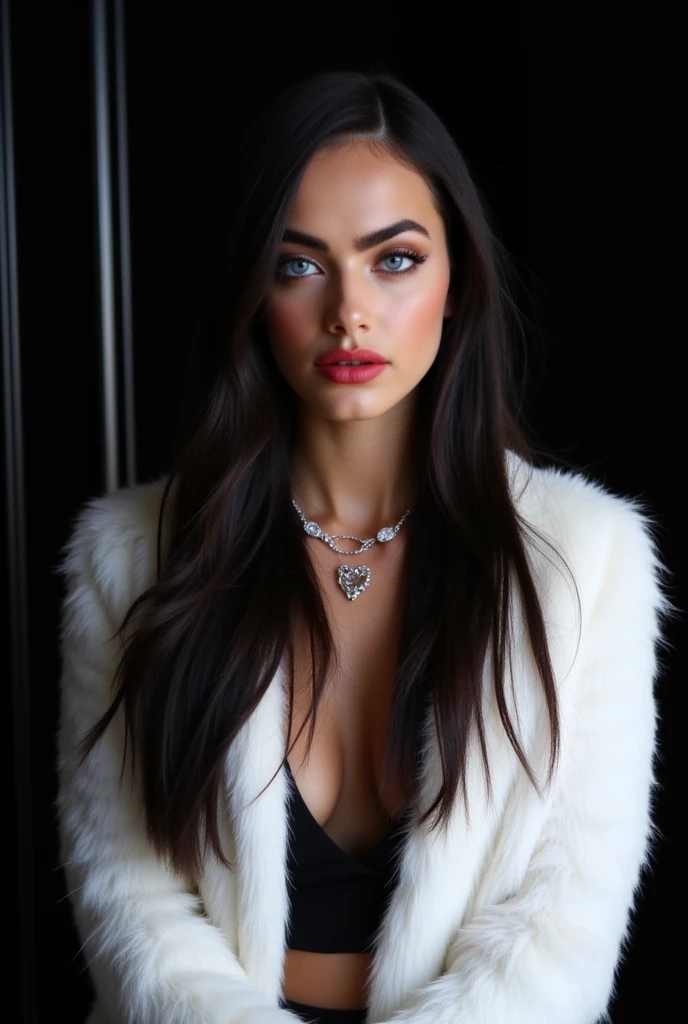 Beautiful 20 year old Russian girl,  full and reddish lips ,  porcelain skin,   pale white skin ,  long straight jet black hair ,  and a black dress and a white faux fur coat , Diamond Jewelry, A white Russian alpaca fur coat.., intense blue eyes,  seductive, Red lips, waist-length black hair, like a mobster, realism, photorealistic , bright light,  transparent.  In a luxurious dark room that looks like black decorations ..,