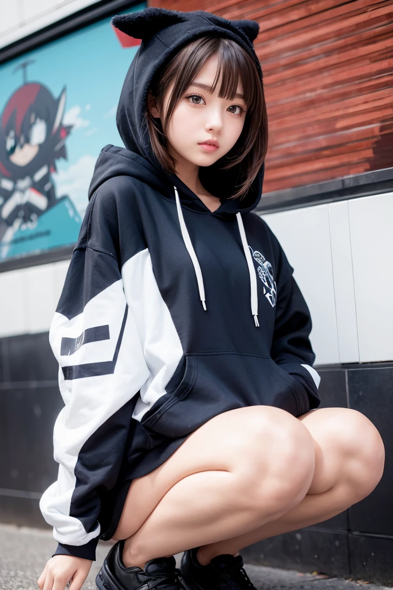 Wearing a hood、He has cat-like ears and his clothes and hood are black.、A girl wearing a black miniskirt with a white line on the bottom is masturbating.。Clothes are not taken off。