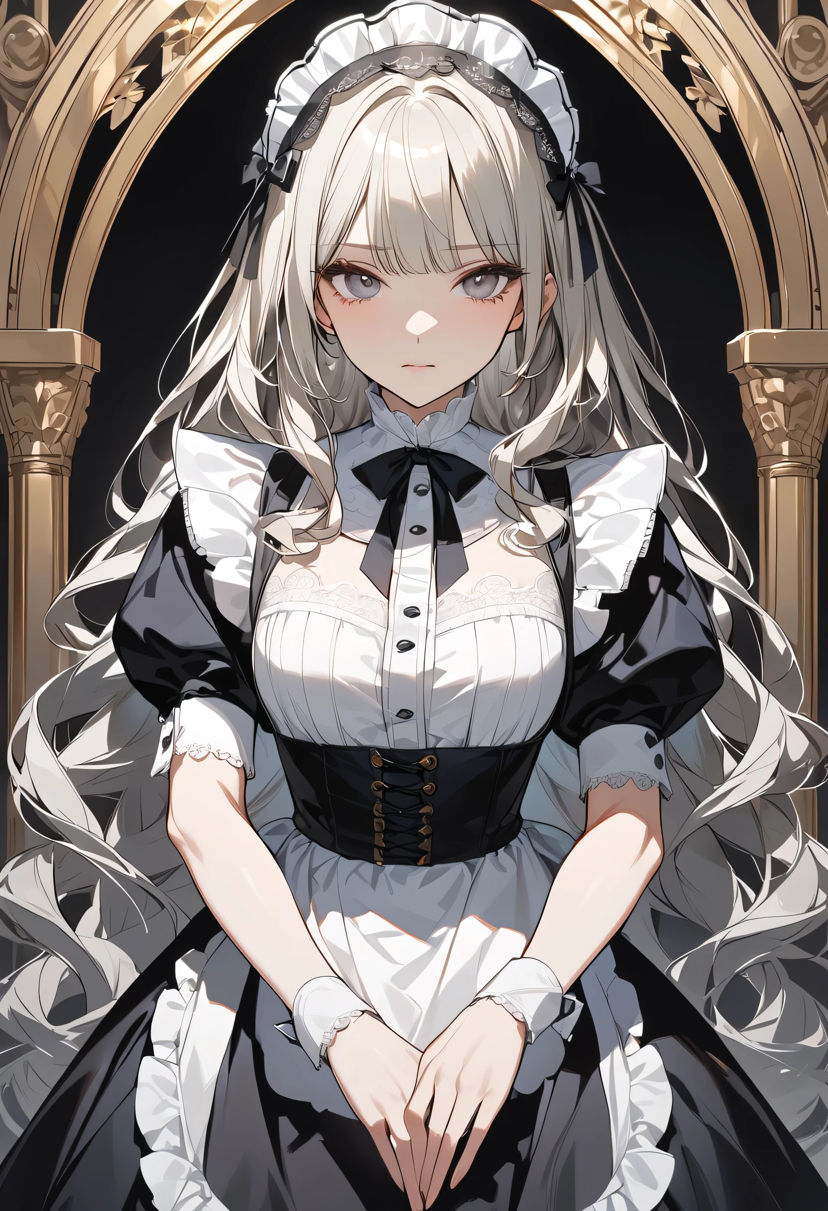  beautiful long blonde　maid, maid apron, maid headdress, puffy sleeves　whole body　 Viewer on Leash　CHAIN LEASH　PULL LEASH　 low angle　 Long Skirt　disdainful eyes　dungeon