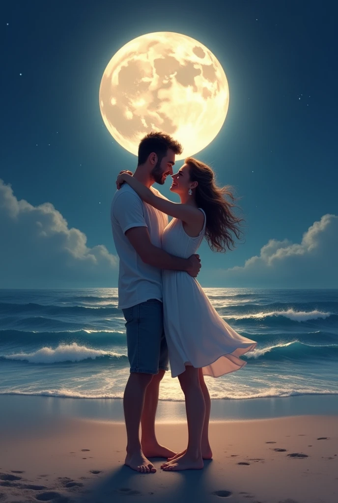 Horizontal drawing of a couple playing at throwing water at each other in the sea under the moonlight 