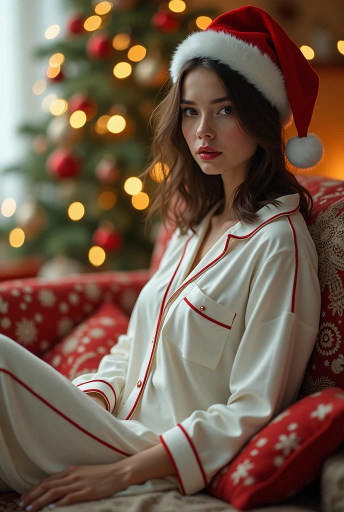 ((best quality)), ((masterpiece)), (detailed), (perfect face), girl in red pajamas sitting on a sofa, Christmas, (1:1 image size)