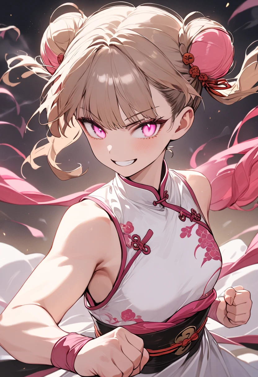 (Masterpiece, Top Quality, Aesthetic, 4K, Illustration), Exquisite Detail, One Girl, One Person, Contrast, Glowing Eyes, (Kung Fu Girl), 18 Years Old Mature, Cute Face, Clenching Fist, (Fluorescent Pink Gradient), Twin Tails in a Bun, Medium Hair, Side Lock, Golden Eyes, White chinese dress, warrior, small breasts, smiling face, upper body.