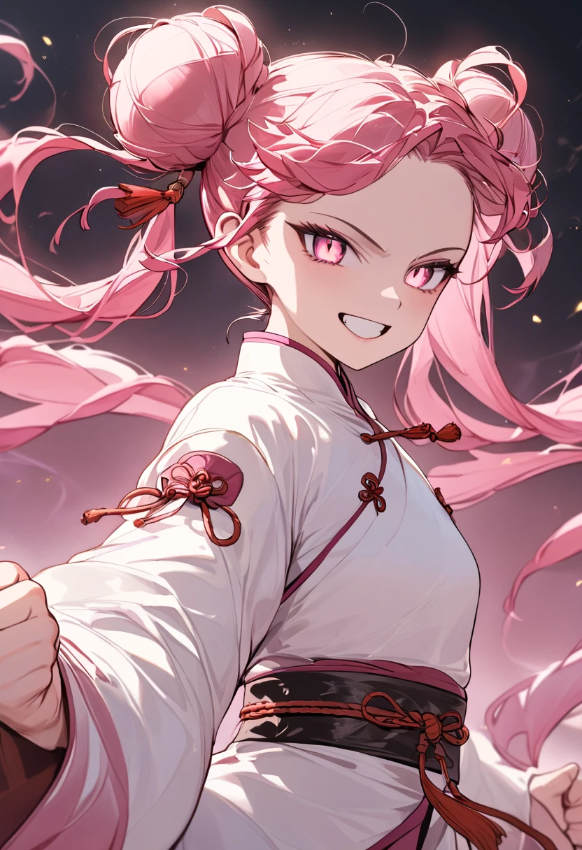 (Masterpiece, Top Quality, Aesthetic, 4K, Illustration), Exquisite Detail, One Girl, One Person, Contrast, Glowing Eyes, (Kung Fu Girl), 18 Years Old Mature, Cute Face, Clenching Fist, (Fluorescent Pink Gradient), Twin Tails in a Bun, Medium Hair, Side Lock, Golden Eyes, White chinese dress, warrior, small breasts, smiling face, upper body.