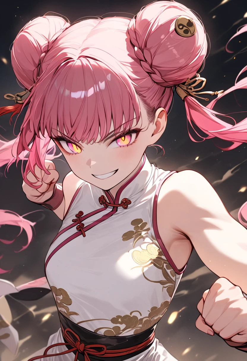 (Masterpiece, Top Quality, Aesthetic, 4K, Illustration), Exquisite Detail, One Girl, One Person, Contrast, Glowing Eyes, (Kung Fu Girl), 18 Years Old Mature, Cute Face, Clenching Fist, (Fluorescent Pink Gradient), Twin Tails in a Bun, Medium Hair, Side Lock, Golden Eyes, White chinese dress, warrior, small breasts, smiling face, upper body.