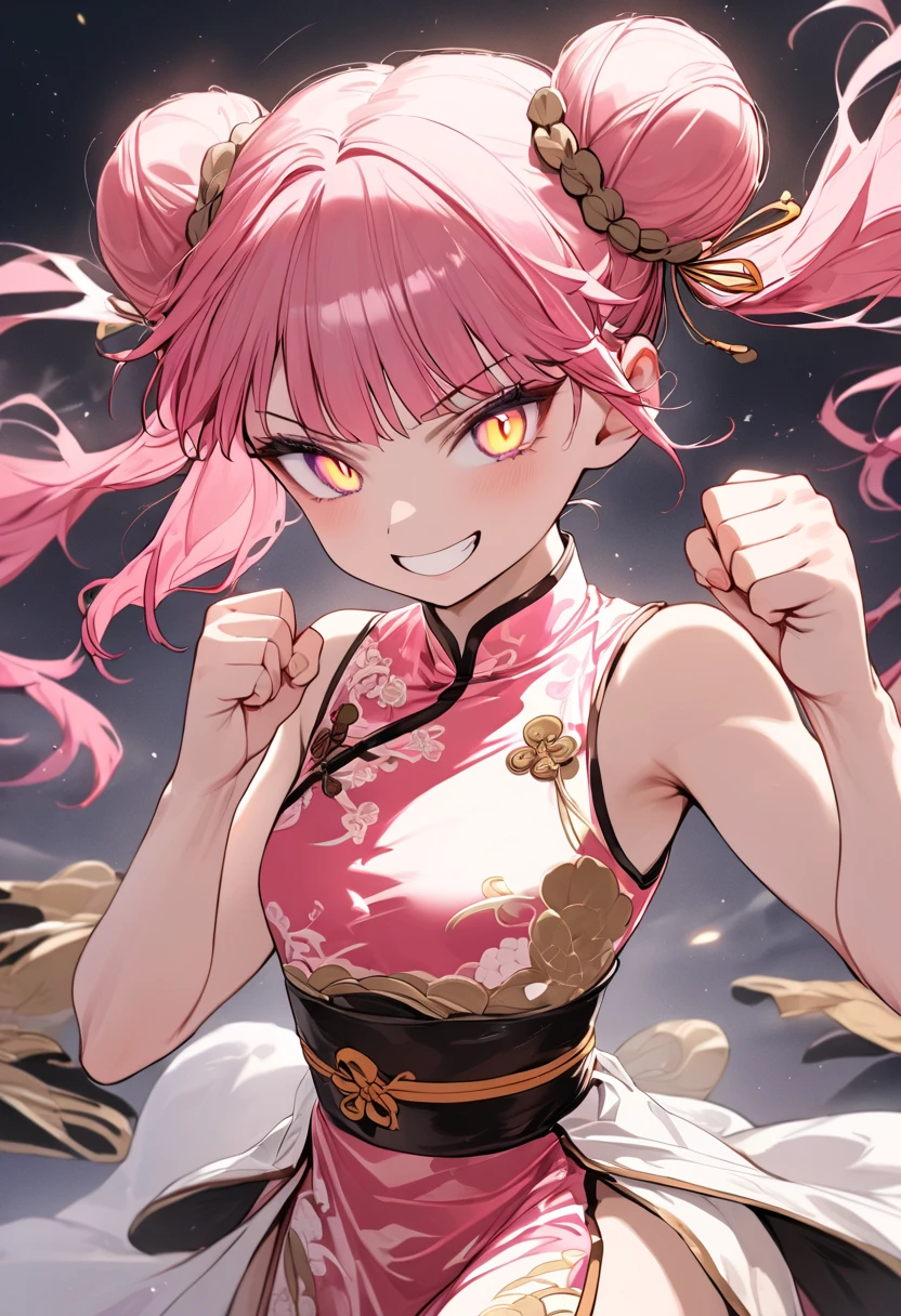 (Masterpiece, Top Quality, Aesthetic, 4K, Illustration), Exquisite Detail, One Girl, One Person, Contrast, Glowing Eyes, (Kung Fu Girl), 18 Years Old Mature, Cute Face, Clenching Fist, (Fluorescent Pink Gradient), Twin Tails in a Bun, Medium Hair, Side Lock, Golden Eyes, White chinese dress, warrior, small breasts, smiling face, upper body.