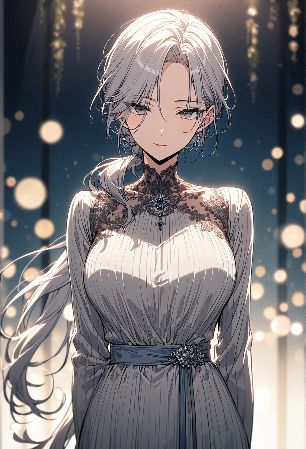 manhwa, ((front view)), masterpiece, best quality, ultra-detailed, stunning visuals, 8K, soft lighting
Solo, alone, mature woman, adult woman, calm, elegant, beautiful, busty housewife
Silver hair, loose ponytail, ponytail over her shoulder, parted bangs, shimmering strands, grey eyes, radiant and reflective gaze
She is wearing a dongtan dress 
Standing, both hands and arms are behind her back, close mouth, sweet smile, looking gently at the viewer
Magical dreamy celestial forest, night sky, cinematic depth of field, soft bokeh