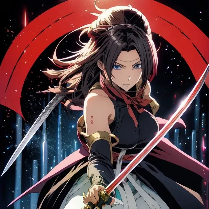 a woman with a sword and a red cape holding a sword, katana zero video game character, katana, katana zero, she is holding a sword, official art, she is holding a katana sword, holding a sword behind her shoulder, anime key art, kunoichi, female action anime girl, cushart krenz, female anime character