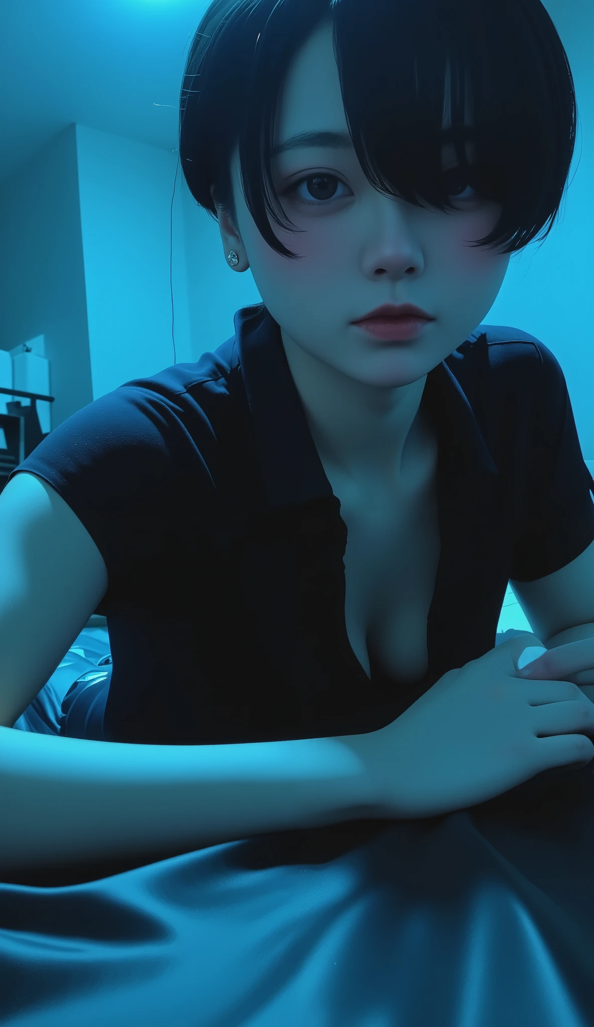 ( top quality ,  table top in bed:1.2,  super high res,  realistic :1.5),  RAW photo,  perfect anatomy、 One Girl ,  off shoulder,  in the dark ,  deep shadow , Low lighting,  cool tone ,   seductive gaze  ,  short hair, foggy atmosphere, Inexplicable Atmosphere ,  Subtle Highlights ,  Dramatic Contrast,   elegant poses , Intense emotions, celestial beauty, Fascinating Darkness,  attractive expression