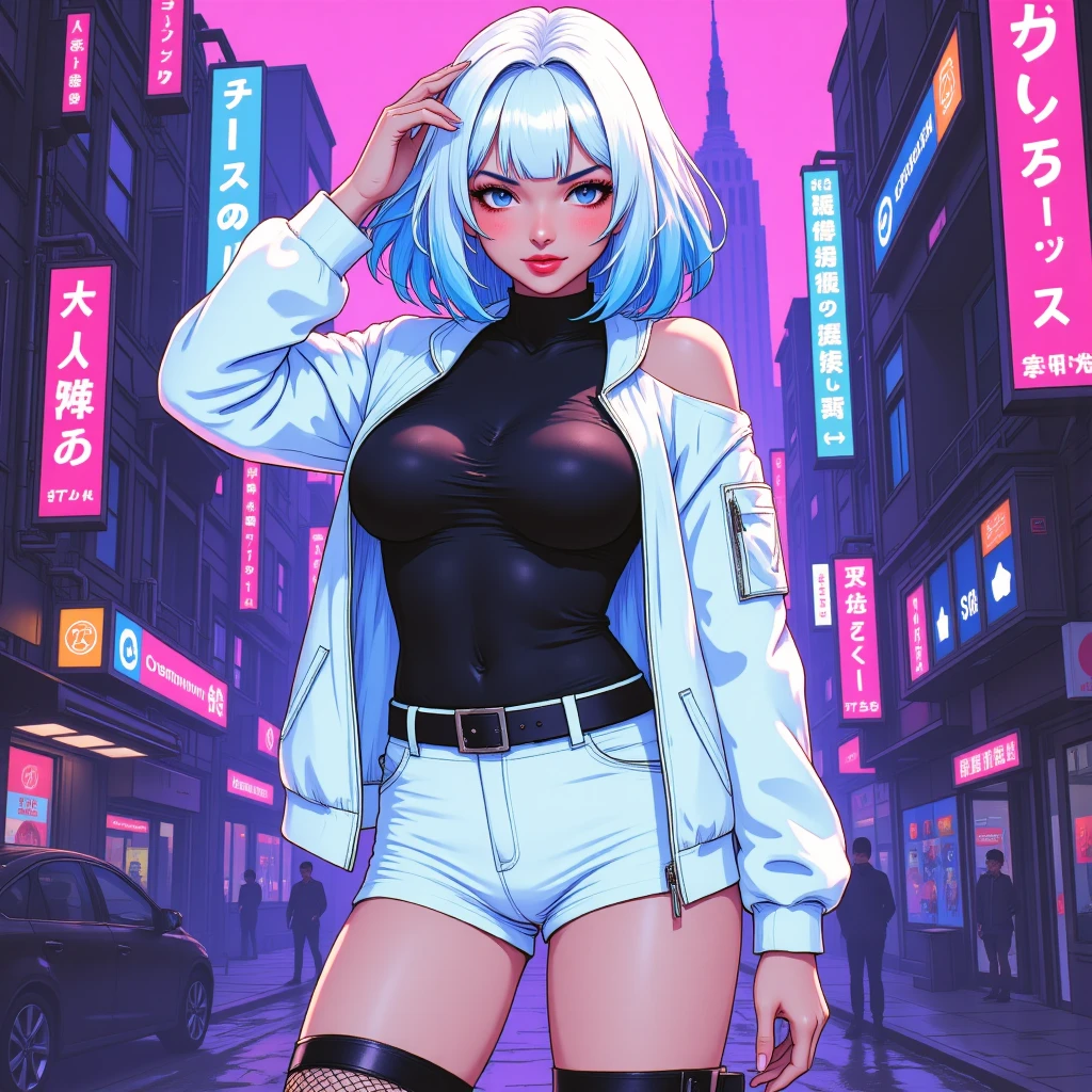 Lucy/cyberpunk: edgerunners, 1 girl, solo, looking at viewer, (sexy pose), multicolored hair, short hair, bangs, white eyes, bright eyes, (bright white eyes), detailed eyes, perfect eyes, red eyeliner, red lips, blushing, bare shoulders, white jacket, bangs, open clothes, black belt, large breasts, white jacket, leotard, black leotard, white short, thighhighs, off shoulder, parted bangs, city, blue eyes, thighs, white hair, boots, makeup, open jacket, (seductive expression), medium sized saggy breasts, big ass, 2D, detailed colored manga illustration, cinematic, ultra highly detailed, beautiful details, vivid and saturated colors, detailed filigree, small details, pop surrealism, ((illustration, vector, vector t-shirt)), halftone style