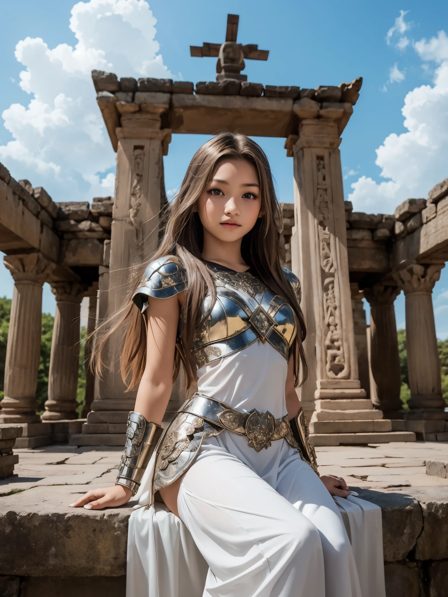 girl in the temple complex, BREAK, girl, long hair, looking at viewer, sexy revealing ethnic dress, (13yo, cute:1.8), breasts, ancient monument complex, stone temple, (stupa), reliefs, carvings, cloud, white cosmos armor, fashion, ultra high resolution,