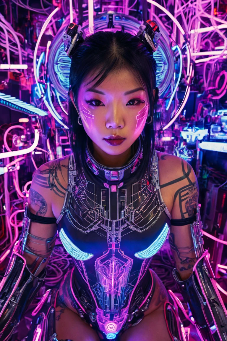 a futuristic, cyberpunk-inspired ASIAN woman surrounded by glowing neon lights and wires, integrated with machinery, metal and glowing accents. Tattoos are partially visible on her shoulders and neck, hinting at rebellious and artistic undertones. Spiraling cherub Angels behind her.