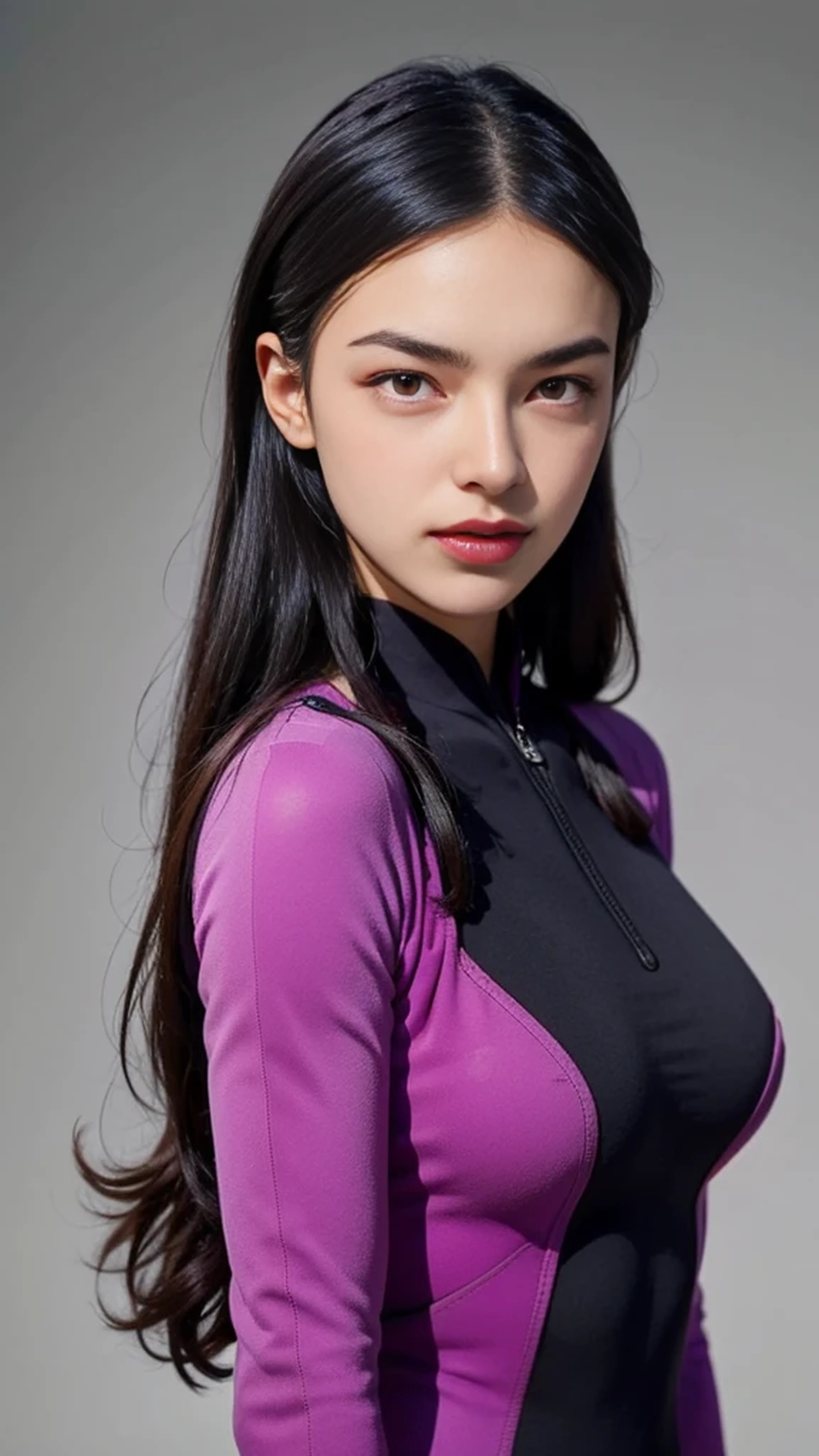 beautiful woman with long black parted hair, wearing a purple wetsuit, large breasts, looking at viewer, half body portrait