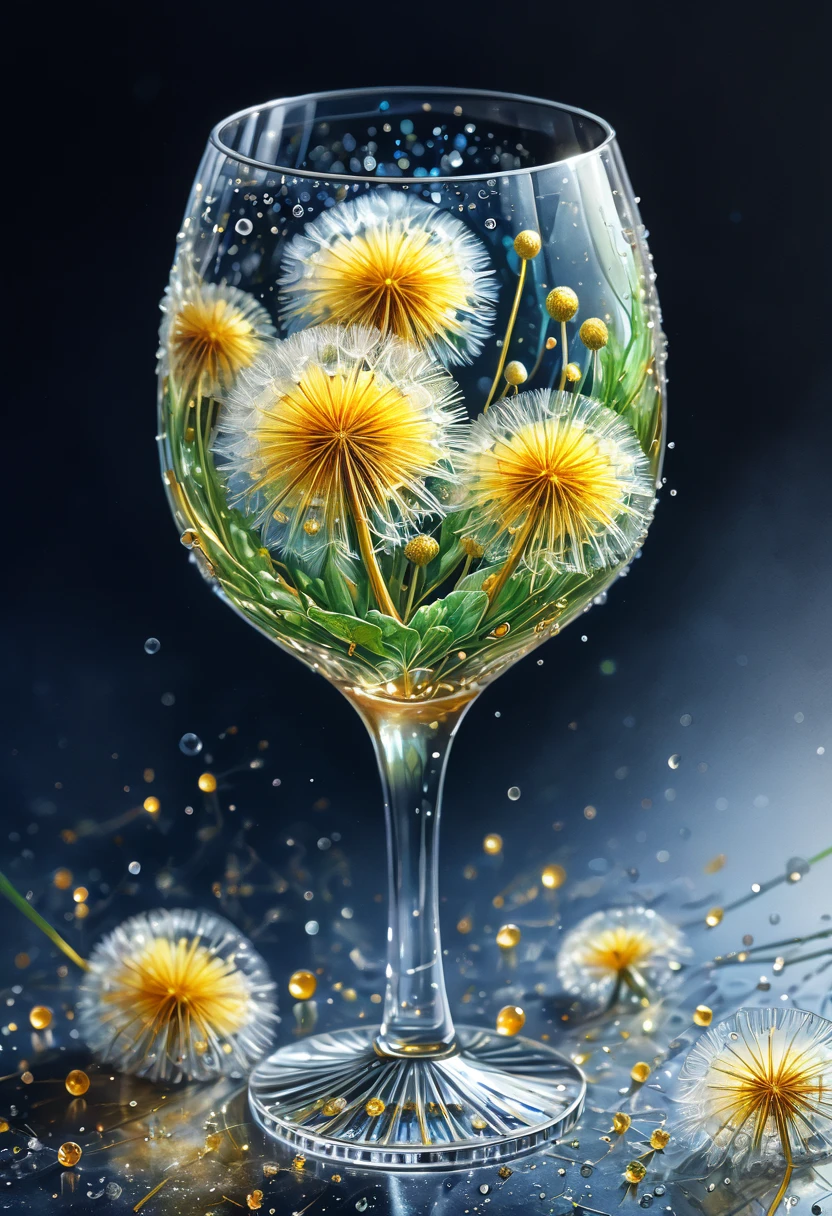 hyperrealistic, close-up, magical sparkling cocktail of dandelions in an elegant glass, crystals, beautiful foreshortening, sweetness, fluffy plush, pixel clarity,high resolution,charisma,photorealism,hyperdetalization, 3d effect,16k, careful drawing of details, voluminous watercolor,drawing with colored ink and pen,professional photo,dark botanical,
high detail, clear lines