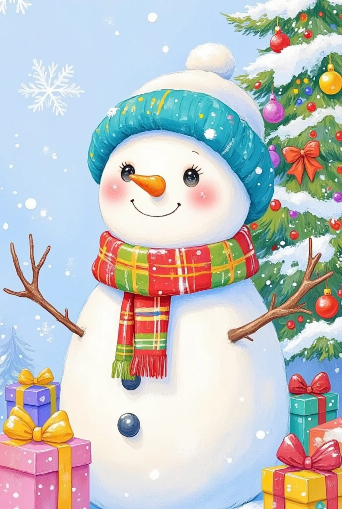 A snowman wearing a Christmas hat and a red green scarf, and with a christmas tree,the most detailed, with light fur that is cuteshort hair, white background, concept playlist style, 3D illusion, digital manipulation, creative commons attribute, poet core