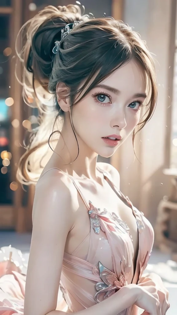 (Girl in a semi-transparent one-shoulder white miniskirt dress), (フォトRealistic:1.4), (ハイパーRealistic:1.4), (Realistic:1.3), (Smooth lighting:1.05), (Cinematic Lighting Quality Improvements:0.9),. 32K, 1 Girl,20 year old girl, Realistic lighting, Backlight, Face light, Ray tracing, (Brightening light:1. 2), (Image quality improvement:1.4), (Highest quality realistic textured skin:1. 4),(Big Blue Eyes), Detailed drawn eyes、Detailed painted face、Fine textured eyes、(tired、sleepy、satisfaction:0.0)、A shirt that shows off a lot of cleavage、(Accentuates the body line:1.1)、(Beautiful textured skin:1.1)、(Red petals are flying)、(Black lace panties are visible)、Slim long legs、