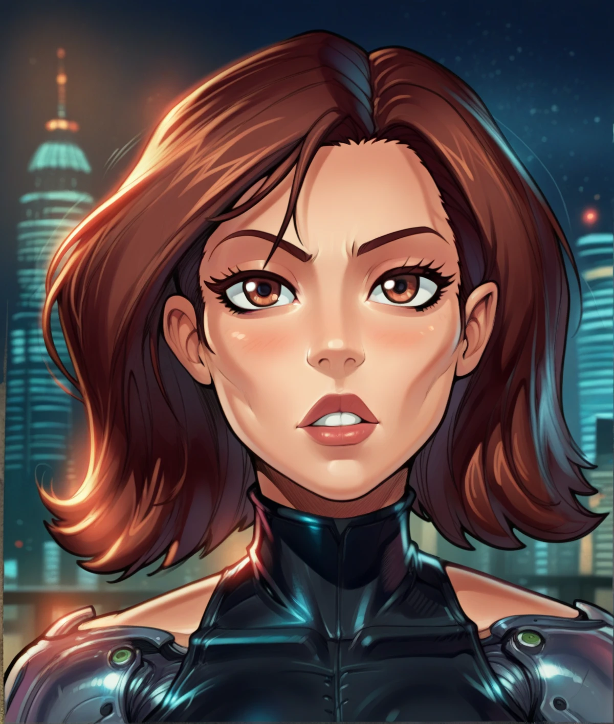 alita, cyborg, berserker body, portrait, brown eyes, face photo, hyper detailed, 1girl, solo, black bodysuit, at night, city background
sharp focus, score_9, score_8_up, score_7_up, score_6_up, score_5_up, score_4_up,reiq art styke