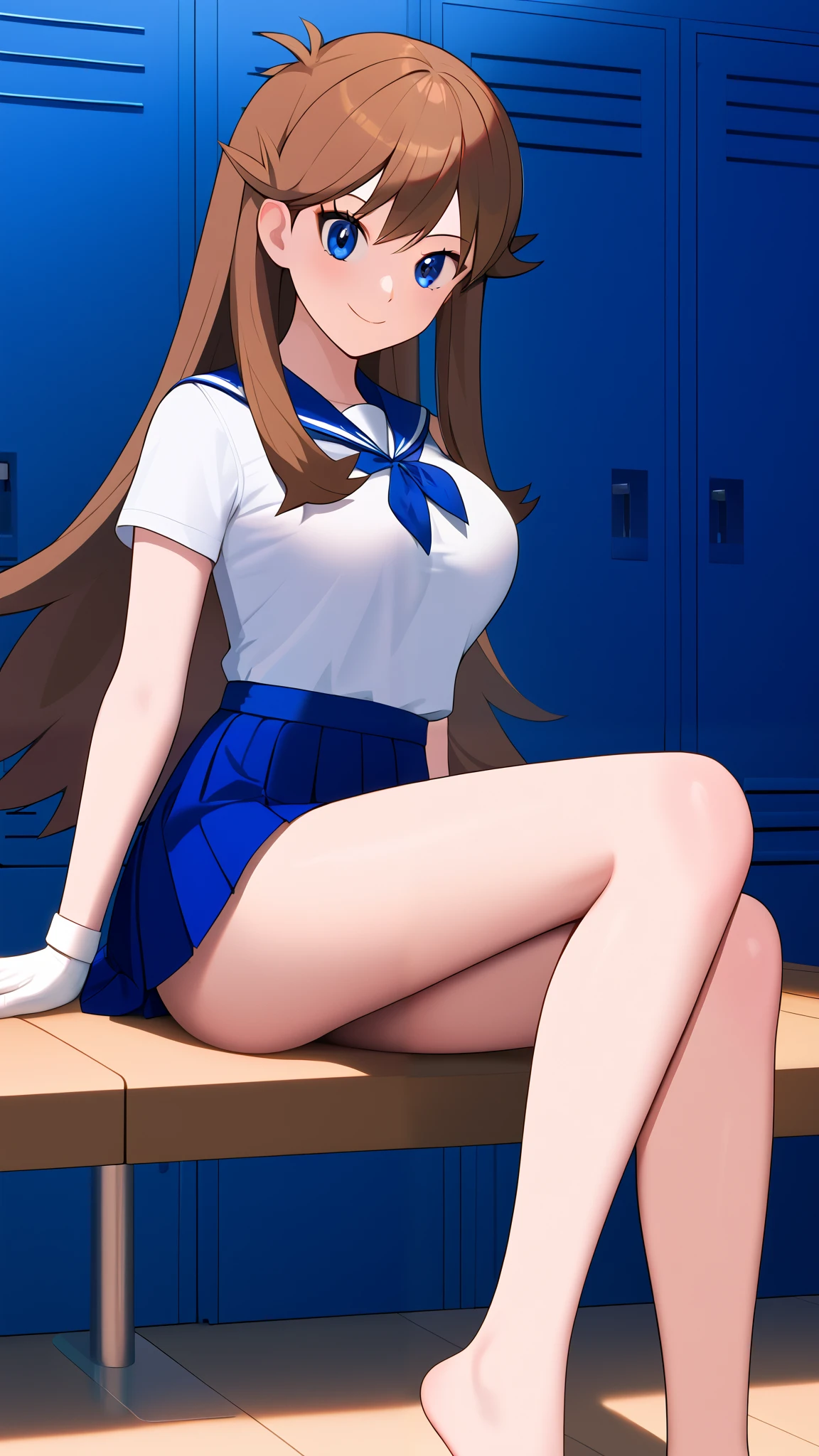 Orange brown hair,  long hair,  blue eyes, Ample breasts,  Tall,  Watch viewers, 1 Female, Age 18, Three idiot hairs ,  with bangs,  slim figure, Anime Coloring Book ,  white sailor suit,  white long sleeve shirt ,  blue mini skirt,  high school girl, uniform, , barefoot,  beautiful feet, Thighs,  sexy smile,  seductive smile,  sexy poses , Women&#39;s locker room, indoor,  beautiful feet, Thighs,  score_9,  score_8_Excellent,  score_7_Excellent,  score_6_Excellent,  top quality ,  source_Anime,  cell shading ,  Flat Color , vector,  detailed background,  break 1 girl , Alone, (\ Pokémon\), only one person, Two legs,