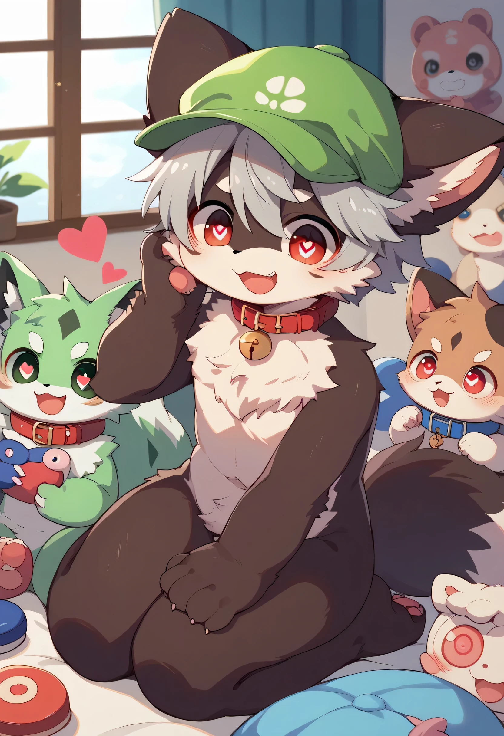   very detailedな,  very detailed,  brown fur gray hair  ,boy with dark brown fur ,骨を見て excited,Heart Eye,participate, green、white、And a multicolored hat ,  cute face, sitting!,Red collar,Black Ear ,  something like fluffy fur, excited,Horny boy,美しいroom,room ,smile,Dropped ears,naked, play with toys !  my mental age ,want,