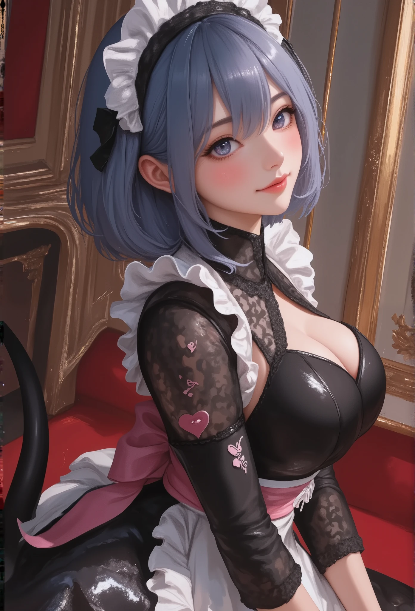 masterpiece, best quality, 8k, highres, ultra-detailed,HDR, UHD, studio lighting, ultra-fine painting, soft shading,baroque style,physically-based rendering, extreme detail description, professional,full body shot,rem \(re:zero\), rem(re-zero), 1girl,trk solo,full body,looking at viewer,smile, short hair, open mouth, bangs, medium breasts, hair ornament, dress, ribbon, animal ears, blue hair, hair ribbon, heart, frills, detached sleeves, teeth,black tale,hand {fingers} paw pose {finger} hand, blue eyes, hair over one eye, apron, black dress, maid, symbol-shaped pupils, maid headdress, black ribbon, heart-shaped pupils, frilled dress, x hair ornament, waist apron, white apron, pink ribbon, roswaal mansion maid uniform, indoors