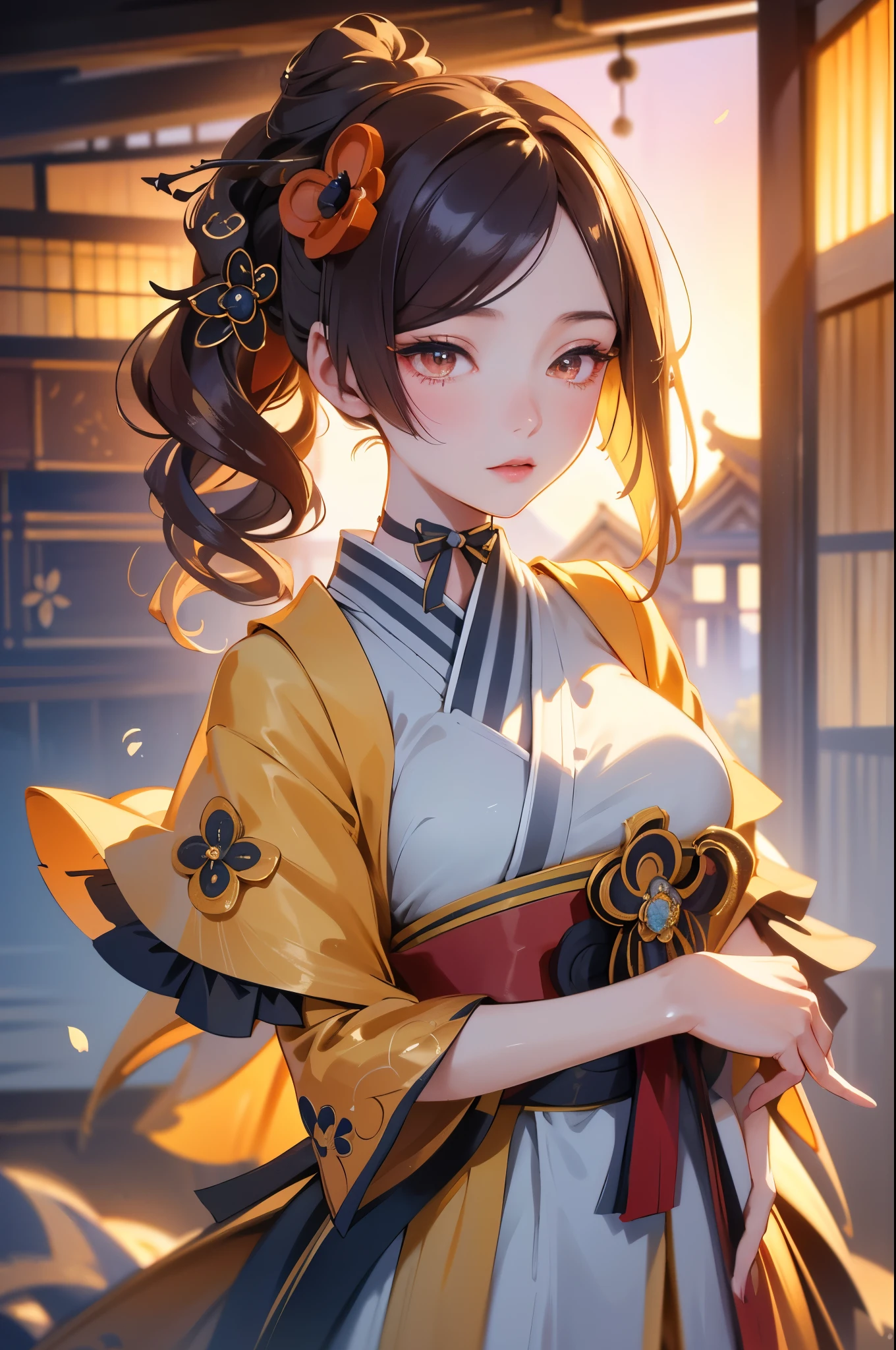 [chiori gi]:1.5,((masterpiece,highest quality,Highly detailed images,Beautiful images))1.4(chiori images、large breasts, japanese old houses、The wind is blowing、Overall dim lighting、Backlight、A fantastic atmosphere、Thick Fog、Dust flutters)1.3,(Close-up image)1.1、
