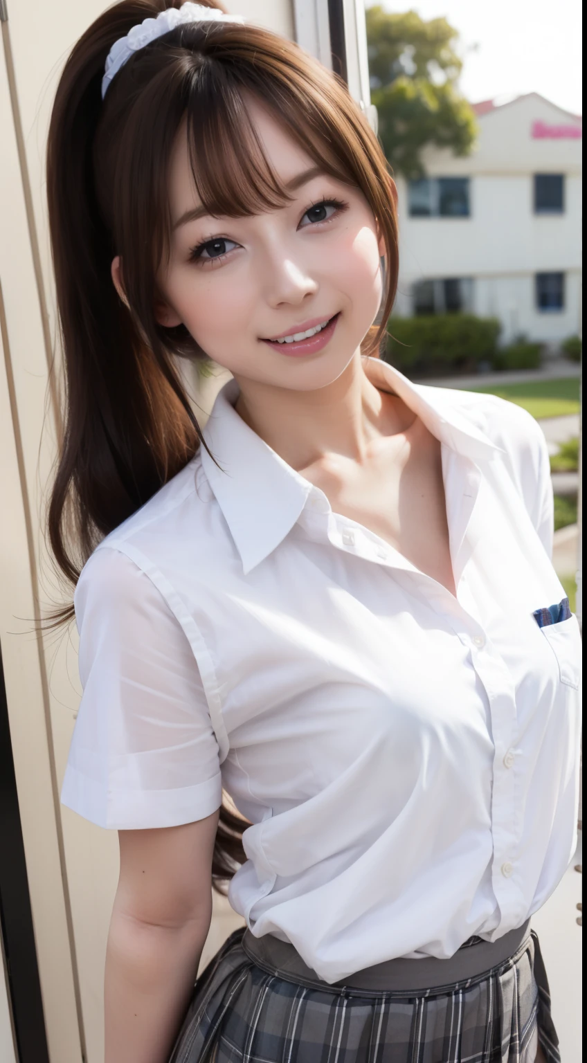 (High school girl:1.3),  long hair,  ponytail, Laughter, ((Feminine charm, Pervert girl)), (Cleavage between breasts:0.7), (Uniform of white shirt and check mini skirt), Full body photo,