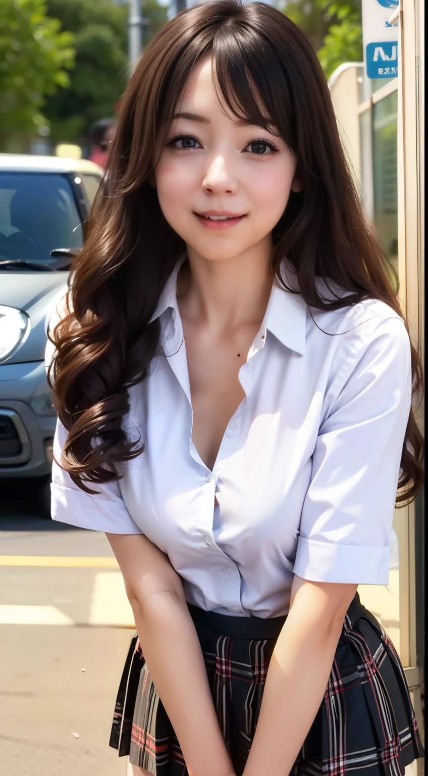 (High school girl:1.3),  long hair, Laughter, ((Feminine charm, Pervert girl)), (Cleavage between breasts:0.7), (Uniform of white shirt and check mini skirt), 