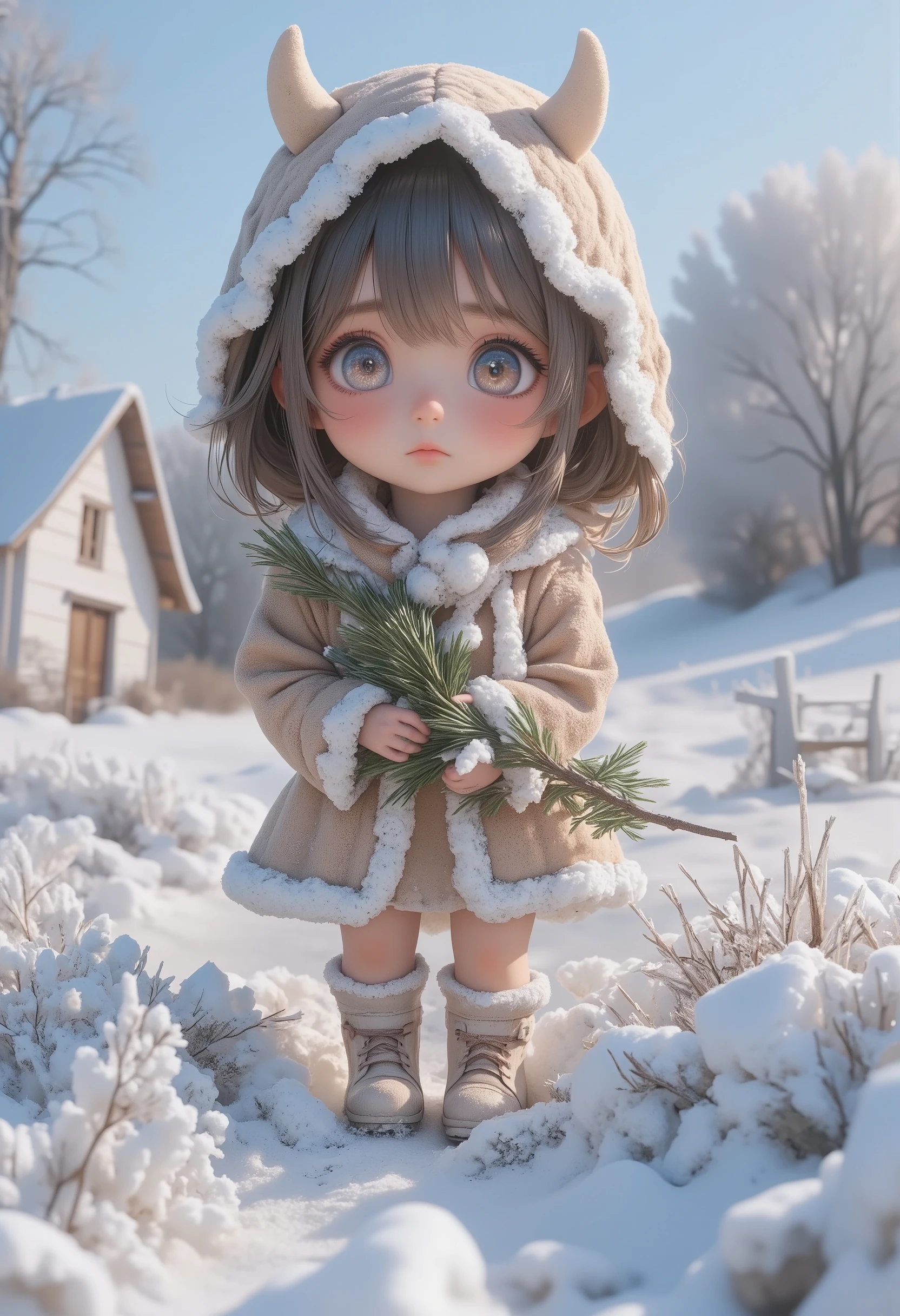 masterpiece, best quality, 8k, highres, ultra-detailed,BREAK, chibi,winter outfit, hood with horns, 1girl, trk,brown dress, white trim, pom poms, standing in field, winter boots, worried expression, holding pine branch, cold weather, frosty morning, soft focus background, rural landscape, holiday theme,