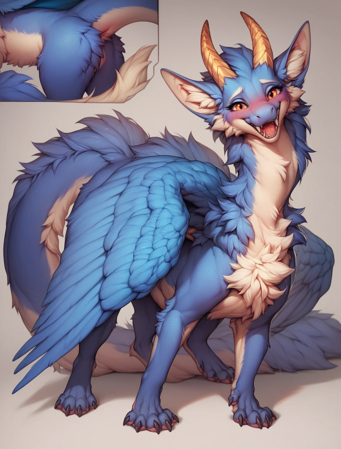 furry art, feral, furred dragon, female, full body, white and blue fur, thicc, wings, horns, tail, chest fluff, paws, fangs,  ton back, close up, embarrassed, happy, bent over, bent over with her ass to the viewer , extra fluffy,  extra fluffy, quadruped, 