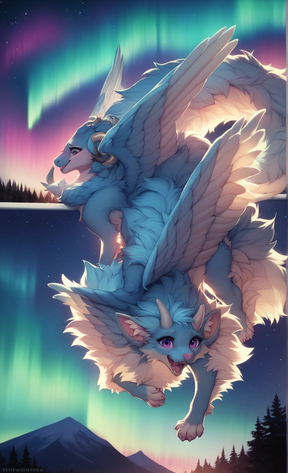 furry art, feral, furred dragon, female, full body, white and blue fur, thicc, wings, horns, tail, chest fluff, paws, fangs,  ton back, close up, embarrassed, happy, bent over, bent over with her ass to the viewer , extra fluffy,  extra fluffy, quadruped, ((nighttime, night sky, stars, aurora, summertime, colorful, black))