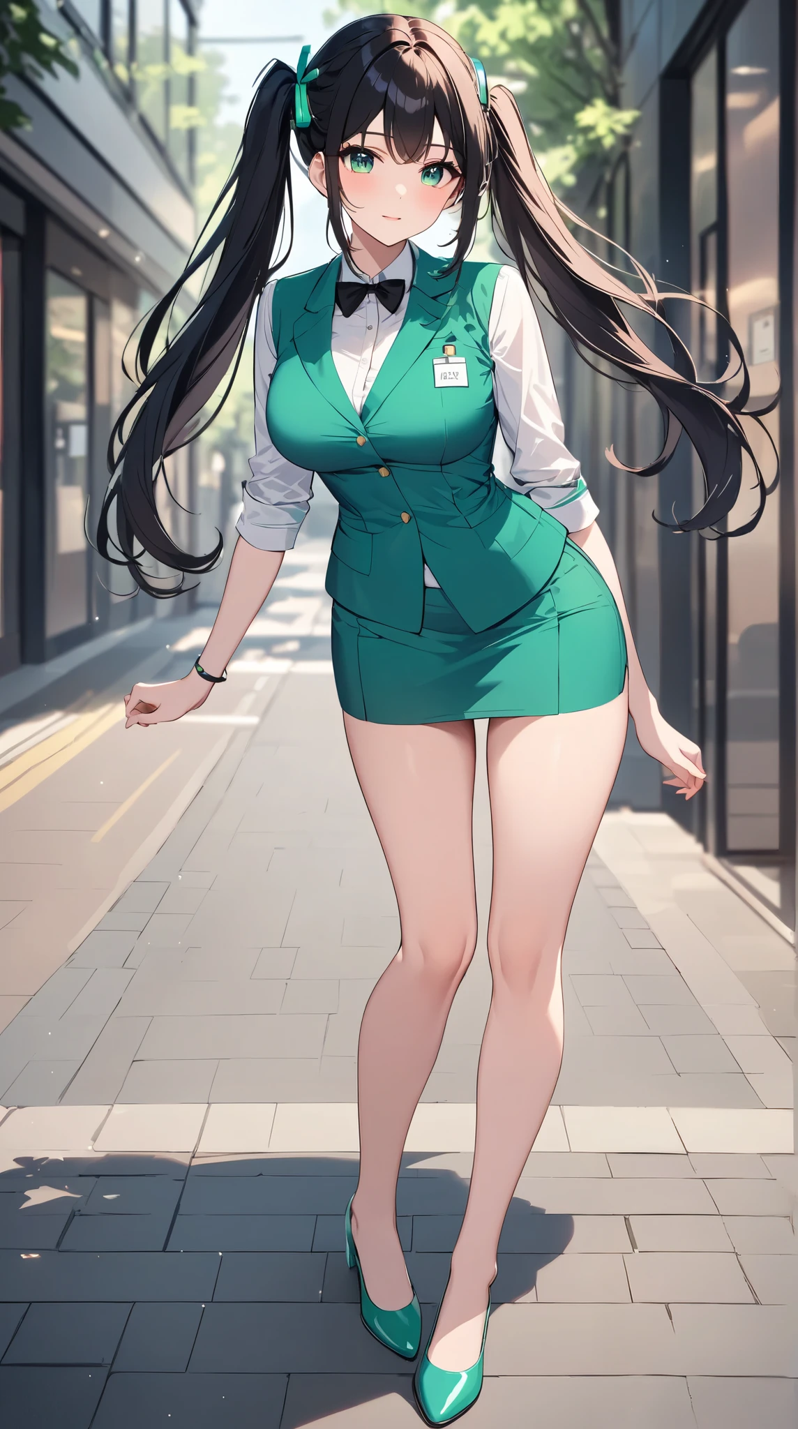A woman wearing a office lady uniform.A woman wearing a miniskirt, impressive cute shoes.
.Her is the whole body standing. green in color, sexy and popular with women all over the world. She likes the color green. Front view from head to toe. Sexy shoes. Gentle eyes and beautiful voice. Please generate a full body front image. Generate so that her entire figure is visible in the image. Long black hair twintails, green hair ribbon. Her chest is hidden by the costume but is large, her hair is tied up and is black in color. She is standing tall and looking at me from the front. Draw so that she is visible from head to toe. Her hair is tied up. The costume is a office lady uniform, dark blue in color, a cheerful girl wearing futuristic headphones, standing on the street with her legs spread and looking at me. Her breasts are developed but covered by the office lady uniform.impressive cute shoes.Please draw the ground.
